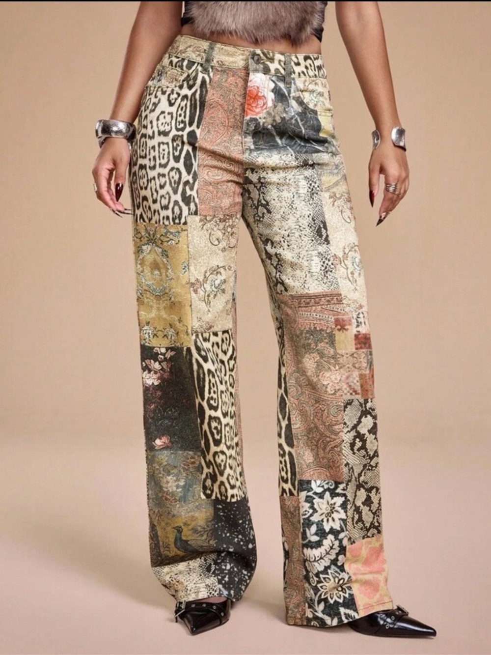 ROMWE Patchwork Wide-Leg Pants in Multi Tones